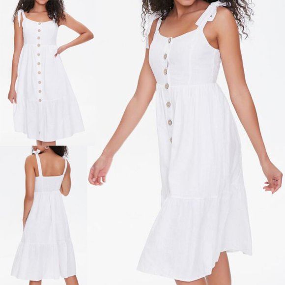 NEW Ivory Linen Blend Tie Straps Button Midi Dress - Picture 9 of 10